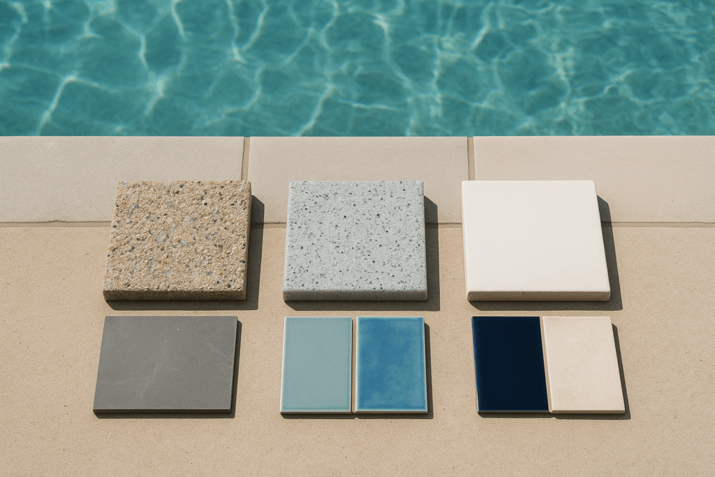 Pebble, quartz, and plaster pool finish samples